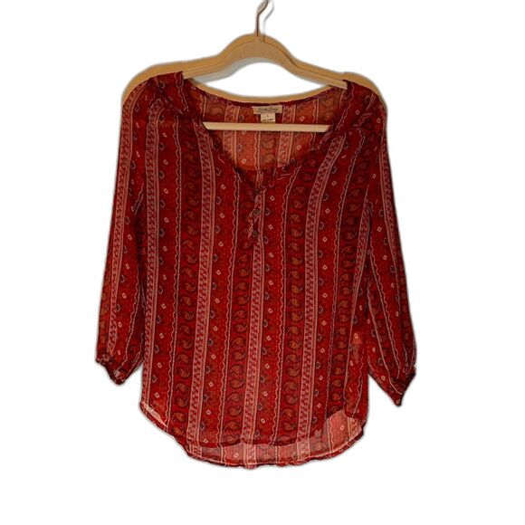 Lucky Brand Tops - Lucky Brand Modern Bohochic Casual Red Print Sheer V-Neck Long Sleeve Blouse S